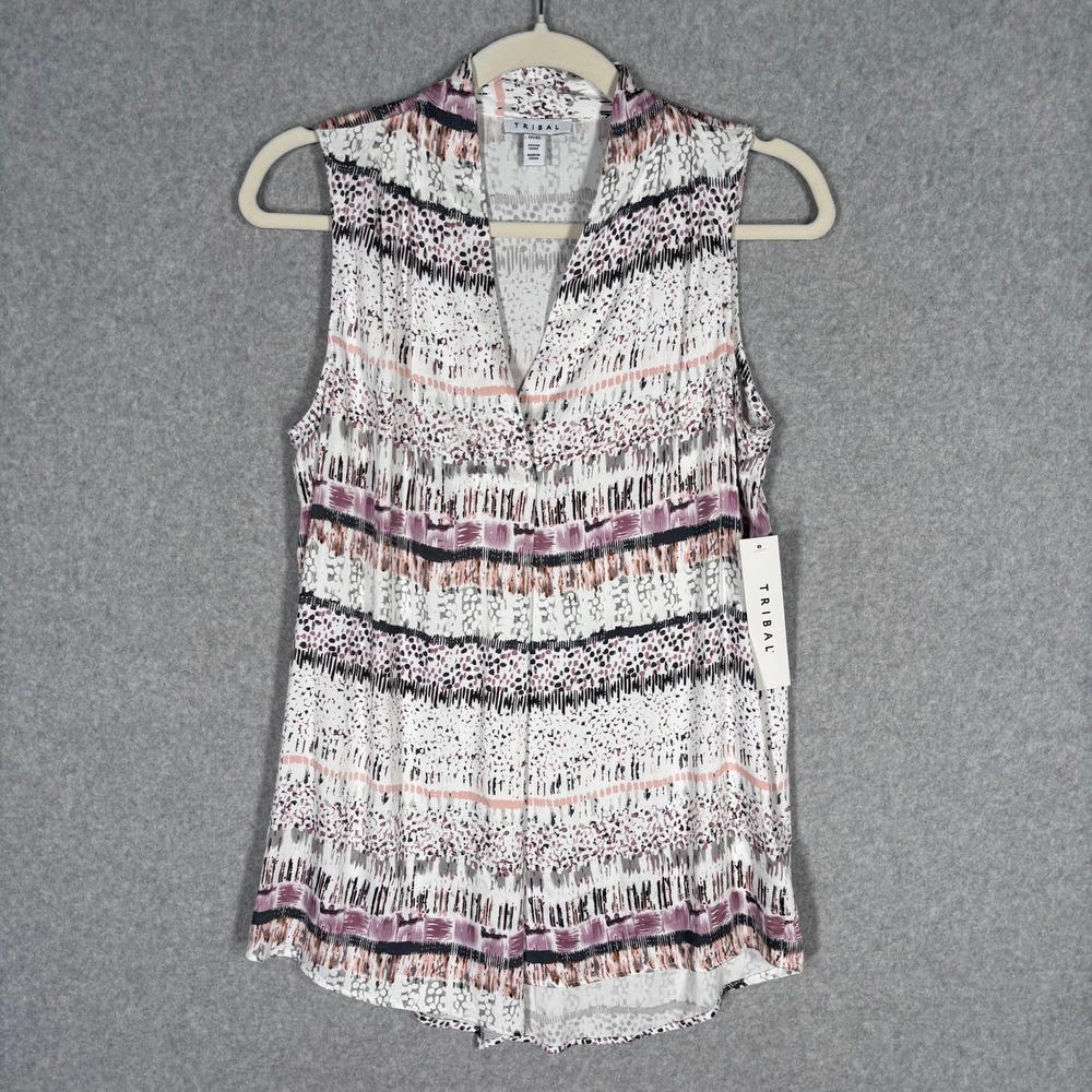 NEW Tribal Sleeveless Blouse XS White Abstract Feminine‎ Soft Jersey Knit Flowy